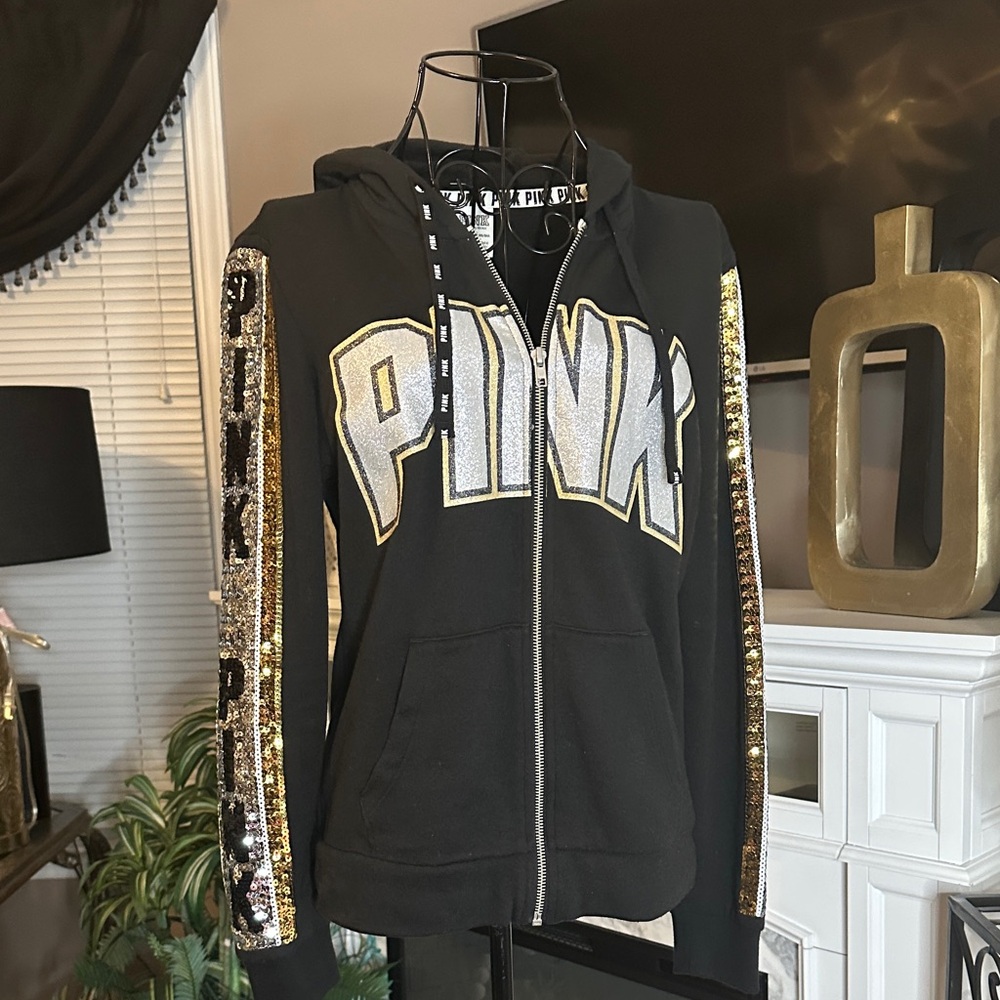 PINK Victoria's Secret Black Hoodie with Gold and Silver Accents